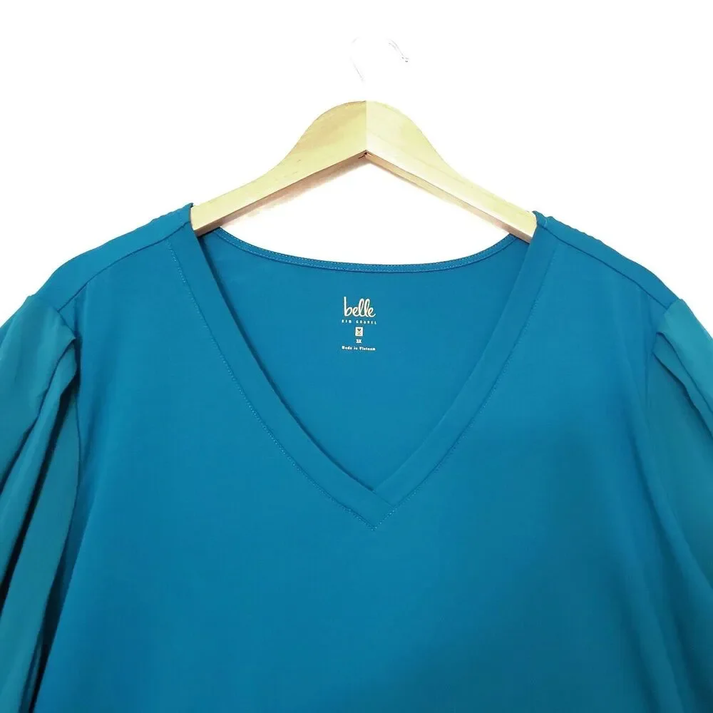 Susan Graver Liquid Knit Long Balloon Sleeve Tunic Top Plus Size 3X Blue V‎ Neck